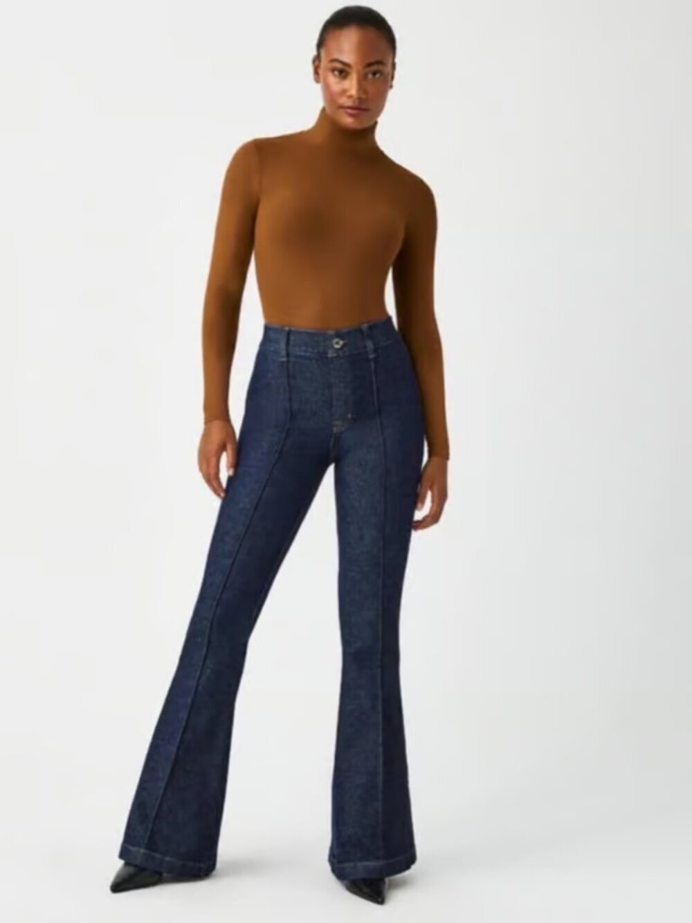 Spanx Jeans Pintuck Flare Seam Front Denim Pant Cotton High Rise Blue Size Large